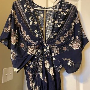 VICI Kimono Style Floral Navy Maxi Dress with Leg Slits - Medium